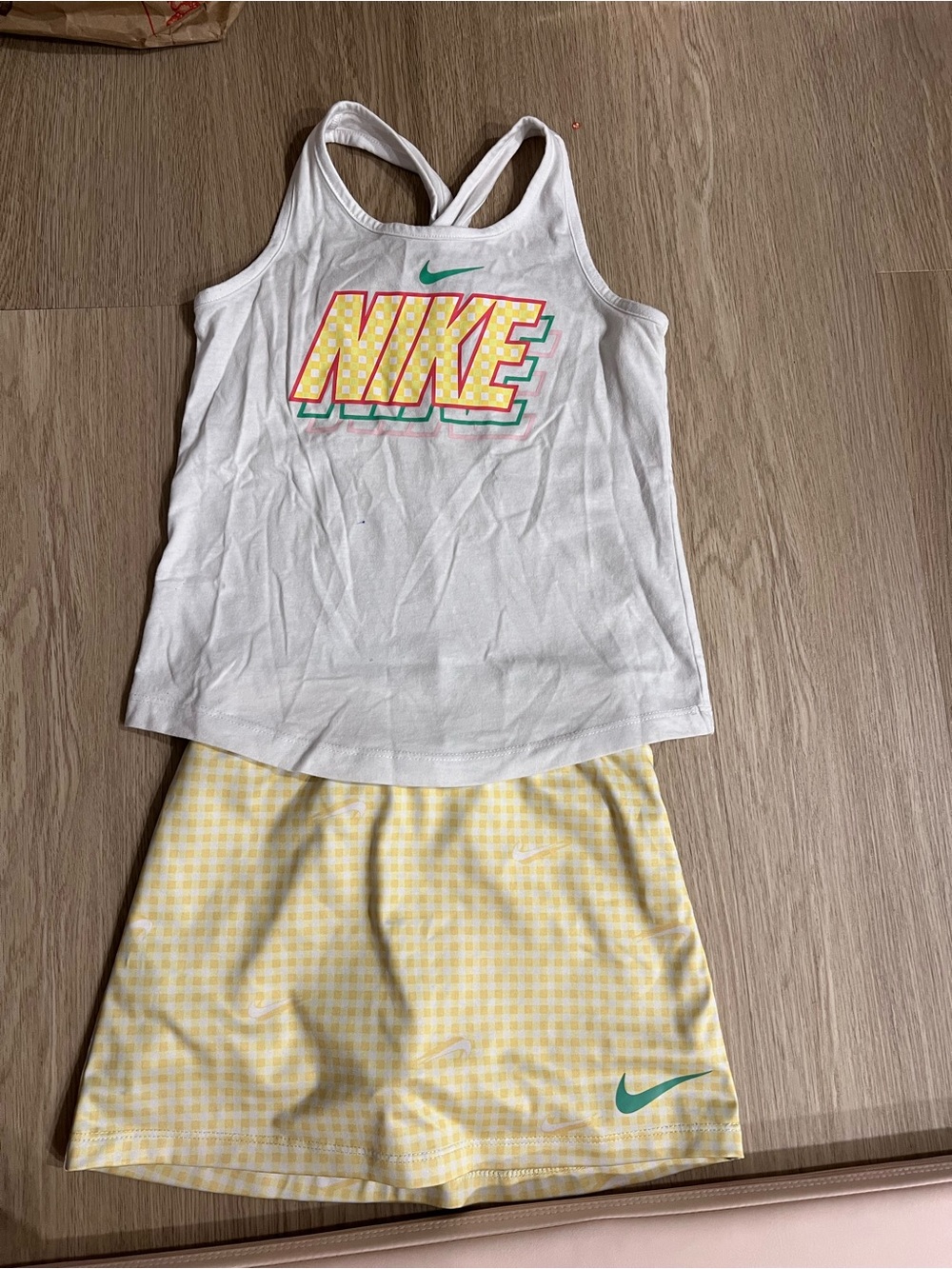 Nike White Tank Top & Yellow Gingham Skort Set - girls size 6x